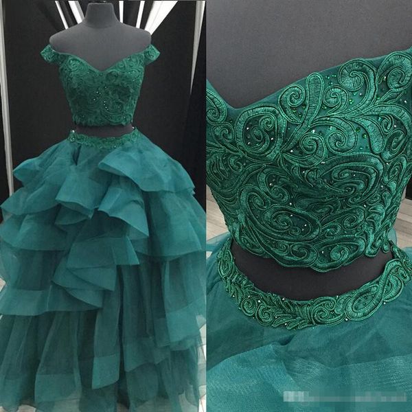 vintage green two piece prom dresses lace applique beaded tiered skirt ruffles off the shoulder sweet 16 ball gown, Black
vintage green two piece prom dresses lace applique beaded tiered skirt ruffles off the shoulder sweet 16 ball gown, Black
