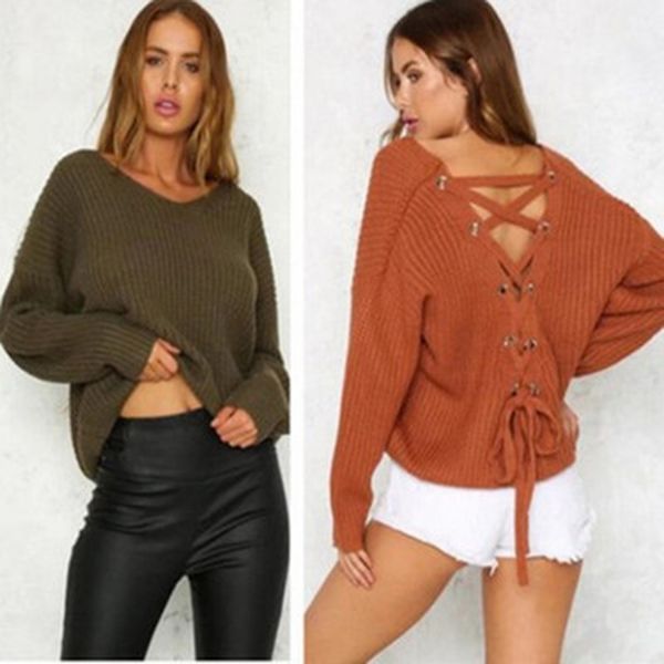 new fashion back lace up pullovers autumn women v-neck long sleeve knitted sweater female jumper warm sweater, White;black
new fashion back lace up pullovers autumn women v-neck long sleeve knitted sweater female jumper warm sweater, White;black