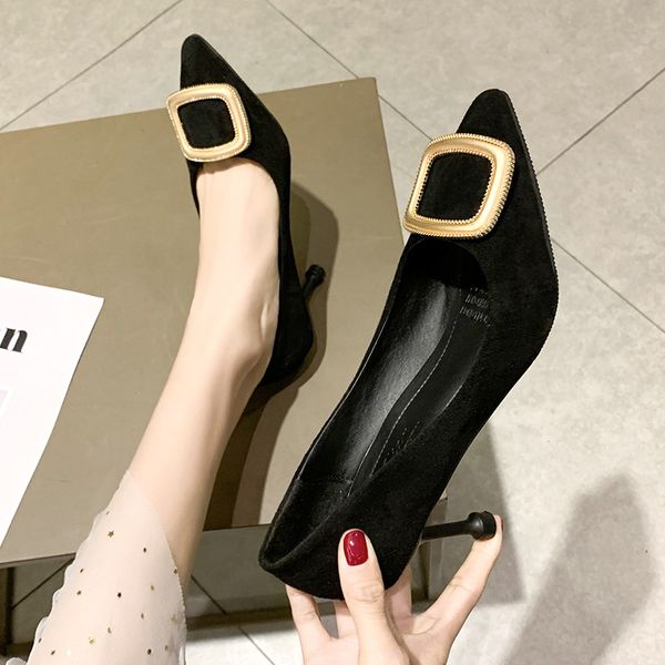 

2019 summer new korean pointed suede pointed head bag hollow hollow stiletto buckle large size women's sandals wholesale, Black