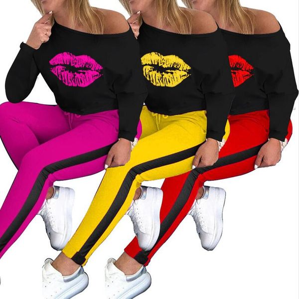 women two piece outfits fashion lips tracksuit autumn long sleeve t shirt pants leggings sport suits woman clothes sweat suit d8401, White 
women two piece outfits fashion lips tracksuit autumn long sleeve t shirt pants leggings sport suits woman clothes sweat suit d8401, White