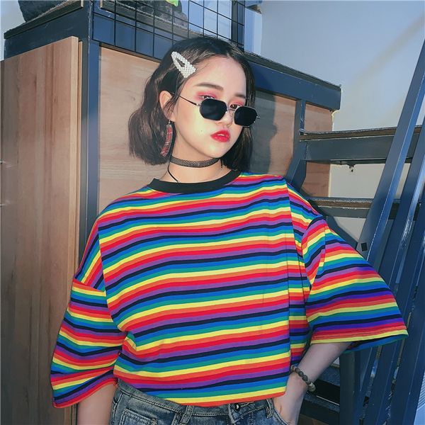 summer ulzzang t-shirt women sweet rainbow striped loose harajuku o-neck short sleeve tees, White
summer ulzzang t-shirt women sweet rainbow striped loose harajuku o-neck short sleeve tees, White