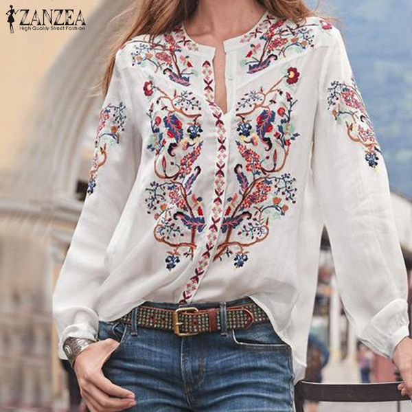 

bohemian printed women's autumn blouse zanzea 2019 plus size tunic fashion v neck long sleeve shirts female casual blusas y200103, White