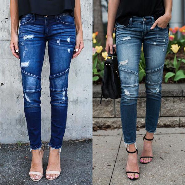 women denim skinny pants ripped destroyed pleated stretch jeans slim pencil trousers ankle length pants, Blue
women denim skinny pants ripped destroyed pleated stretch jeans slim pencil trousers ankle length pants, Blue