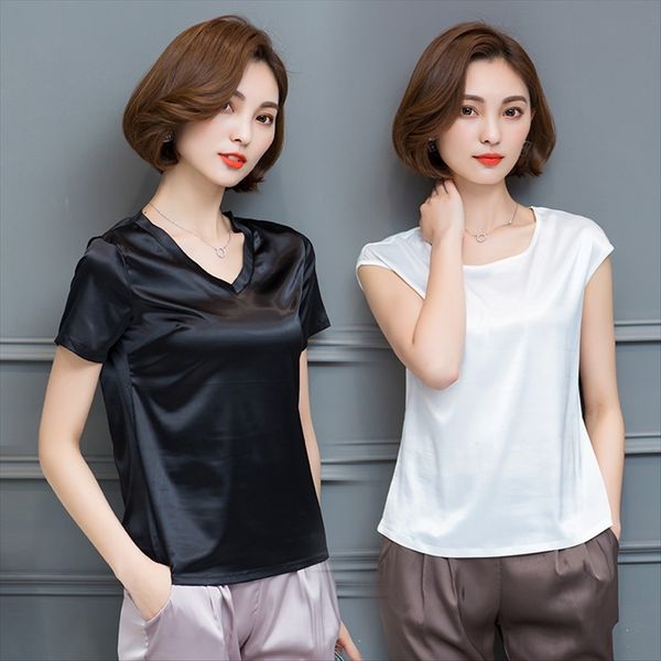 2019 imitation silk t- silk t-shirt simple v-neck large size women's loose temperament short sleeve shirt, White
2019 imitation silk t- silk t-shirt simple v-neck large size women's loose temperament short sleeve shirt, White