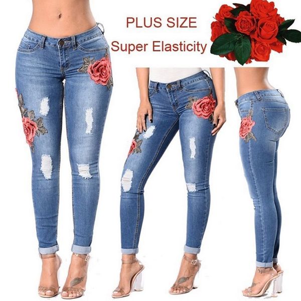 women ripped jean pants flower embroidered high waist slim fit denim pencil trousers ty53, Black;white
women ripped jean pants flower embroidered high waist slim fit denim pencil trousers ty53, Black;white