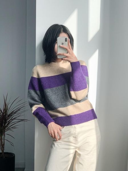 women o neck knitted sweater patchwork stripe knitted pullover casual loose knitwear new, White;black
women o neck knitted sweater patchwork stripe knitted pullover casual loose knitwear new, White;black