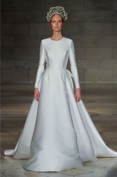 modest satin wedding dresses jewel neck a line sweep train elegant long sleeve bridal gowns custom made plus size wedding dress, White
modest satin wedding dresses jewel neck a line sweep train elegant long sleeve bridal gowns custom made plus size wedding dress, White