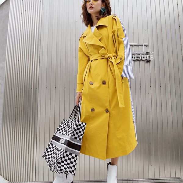 women's trench coats women long coat style stripedstitching yellow temperament jacket, Tan;black
women's trench coats women long coat style stripedstitching yellow temperament jacket, Tan;black