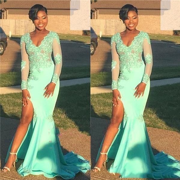 mint green v neck formal gowns floral lace mermaid prom dresses long sleeve side split evening gowns vestido de noche, Black
mint green v neck formal gowns floral lace mermaid prom dresses long sleeve side split evening gowns vestido de noche, Black