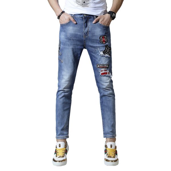 new skinny men's jeans torn ripped jeans for men embroidery elastic pants trousers cotton hip hop summer spring blue
new skinny men's jeans torn ripped jeans for men embroidery elastic pants trousers cotton hip hop summer spring blue
