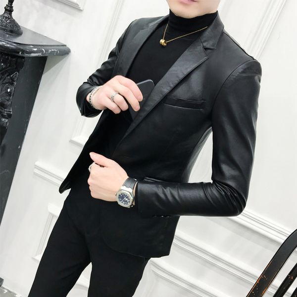 korean suit coat solid black slim fit blazer hombre pu leather jacket men one button business casual prom blazers for men, White;black
korean suit coat solid black slim fit blazer hombre pu leather jacket men one button business casual prom blazers for men, White;black