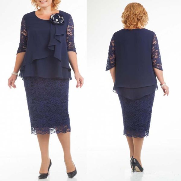 Elegant Dark Navy Plus Size Mother Dresses New Jewel Neck Half Sleeves Lace Chiffon Knee Length Mother Evening Gowns Formal Wears
Elegant Dark Navy Plus Size Mother Dresses New Jewel Neck Half Sleeves Lace Chiffon Knee Length Mother Evening Gowns Formal Wears