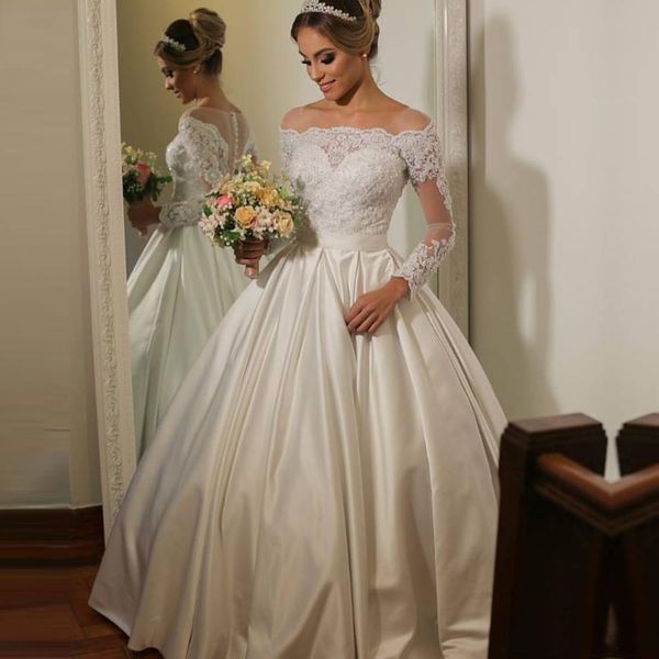 scoop long sleeve lace wedding dress appliques bodice with sweep train winter wedding dresses button up back wedding ball gowns, White
scoop long sleeve lace wedding dress appliques bodice with sweep train winter wedding dresses button up back wedding ball gowns, White