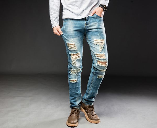 new men casual jeans denim vintage ripped distressed big holes jeans bleached pencil pants elastic mid waist high quality, Blue
new men casual jeans denim vintage ripped distressed big holes jeans bleached pencil pants elastic mid waist high quality, Blue