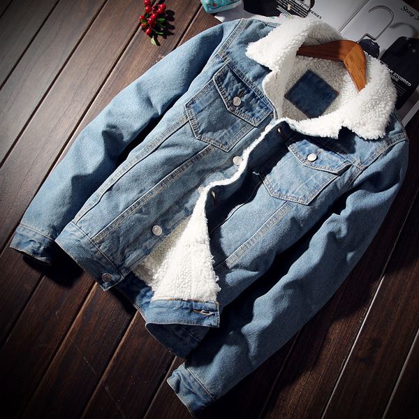 2018 winter new fashion boutique wool thick warm light blue mens casual denim jackets / slim leisure male denim jacket men coats