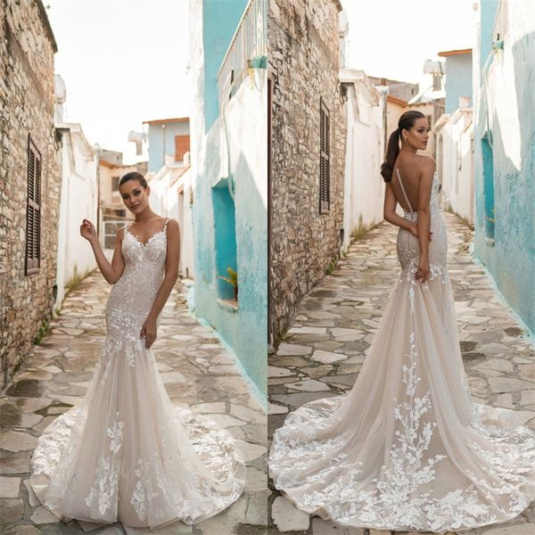 ari villoso mermaid wedding dresses spaghetti strap sleeveless appliqued beaded lace bridal gown illusion back sweep train robes de mariée, White
ari villoso mermaid wedding dresses spaghetti strap sleeveless appliqued beaded lace bridal gown illusion back sweep train robes de mariée, White
