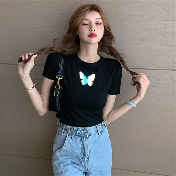 short-sleeved t-shirt women's ins super fire short high-waisted navel-exposed reflective slim tanned women's summer, White
short-sleeved t-shirt women's ins super fire short high-waisted navel-exposed reflective slim tanned women's summer, White