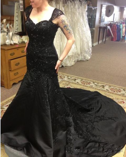 Black Gothic Mermaid Wedding Dresses With Cap Sleeves Sweetheart Beaded Bridal Gowns Vintage Country Bridal Gowns
Black Gothic Mermaid Wedding Dresses With Cap Sleeves Sweetheart Beaded Bridal Gowns Vintage Country Bridal Gowns