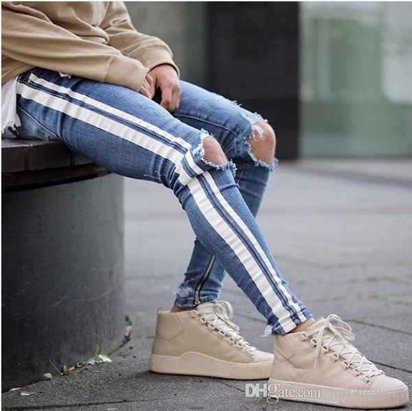 mens blue ripped holes jeans side striped skinny straight slim elastic denim fit jeans male fashion long trousers jeans
mens blue ripped holes jeans side striped skinny straight slim elastic denim fit jeans male fashion long trousers jeans