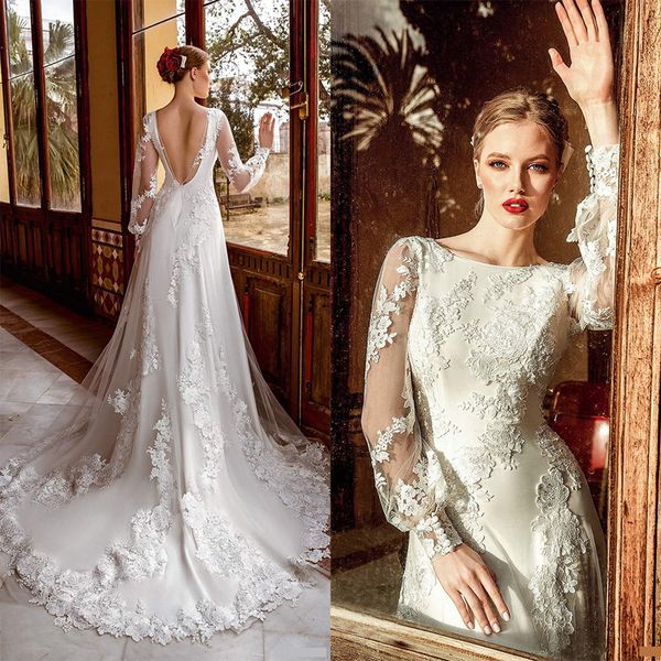 2020 a-line wedding dresses jewel long sleeves lace appliques bridal gowns custom made backless sweep train beach wedding dress, White
2020 a-line wedding dresses jewel long sleeves lace appliques bridal gowns custom made backless sweep train beach wedding dress, White