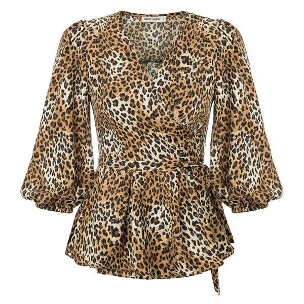 kate kasin 3/4 puff sleeve women v-neck leopard print and blouses ruffle wrap front peplum hemline blouse with belt, White
kate kasin 3/4 puff sleeve women v-neck leopard print and blouses ruffle wrap front peplum hemline blouse with belt, White