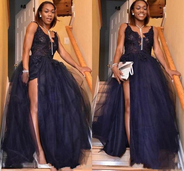 black a line prom dresses lace applique high side split puffy spaghetti straps v neck formal dress party gowns evening wear
black a line prom dresses lace applique high side split puffy spaghetti straps v neck formal dress party gowns evening wear