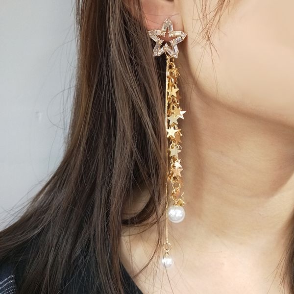 for european and american-style long metal earrings new-style fashion star pearl pendant earrings, Golden
for european and american-style long metal earrings new-style fashion star pearl pendant earrings, Golden