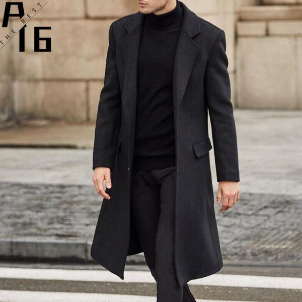 a16 new men's long trench coat woolen coat fashion, Black