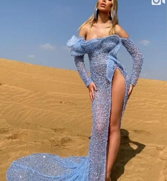 new spring evening dress yousef aljasmi blue strapless blue sequines beads mermaid long sleeve split long dress off shoulder, Black;pink
new spring evening dress yousef aljasmi blue strapless blue sequines beads mermaid long sleeve split long dress off shoulder, Black;pink
