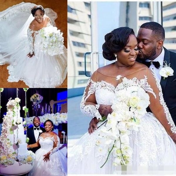 2019 plus size a line wedding dresses sheer neck lace applique long sleeves chapel train custom made wedding party gowns vestido de novia, White
2019 plus size a line wedding dresses sheer neck lace applique long sleeves chapel train custom made wedding party gowns vestido de novia, White