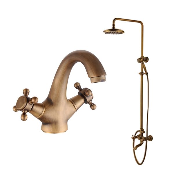 

Antique Brass Bathroom Rain Shower Set Rainfall Bath Shower Faucet Antique Bronze Finished with Bathroom Basin Faucet