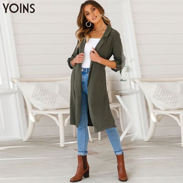 

yoins 2019 women blazer autumn winter trench self-belt lapel jackets long sleeve split-hem button streetwear casual work coats, Tan;black