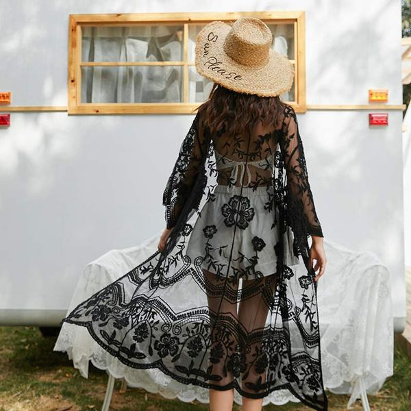 bohemian women's holiday style with bikini swimsuit cardigan medium length lace beach blouse, White;black
bohemian women's holiday style with bikini swimsuit cardigan medium length lace beach blouse, White;black
