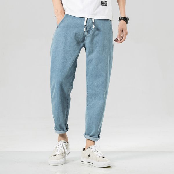 spring and summer jeans men's korean trend elastic drawstring pants simple and versatile nine point pants fashion brand 5-19, Blue
spring and summer jeans men's korean trend elastic drawstring pants simple and versatile nine point pants fashion brand 5-19, Blue