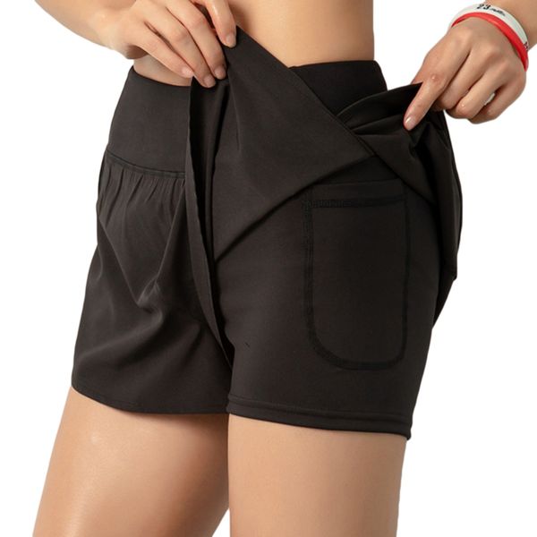 new solid color ladies shorts fake two pieces lined pocket yoga fitness elastic running sports quick drying shorts, Black;blue
new solid color ladies shorts fake two pieces lined pocket yoga fitness elastic running sports quick drying shorts, Black;blue