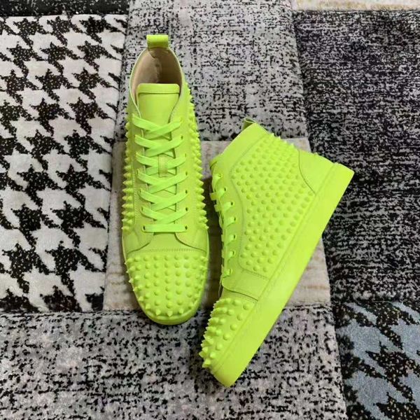 elegant fluorescent green leather high red bottom shoes men women's flat red sole sneaker mens studded spikes shoes with box, Black
elegant fluorescent green leather high red bottom shoes men women's flat red sole sneaker mens studded spikes shoes with box, Black