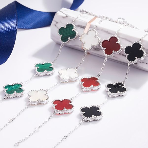 lucky four-leaf clover five-flower bracelet 925 sterling silver plated black agate women's bracelet rose gold jewelry valentine's, Golden;silver 
lucky four-leaf clover five-flower bracelet 925 sterling silver plated black agate women's bracelet rose gold jewelry valentine's, Golden;silver