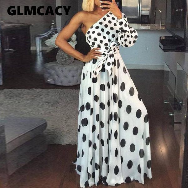 women casual polka dot printed dress summer one shoulder long sleeve long maxi dress elegant party club sashes vestidos1, Black;gray
women casual polka dot printed dress summer one shoulder long sleeve long maxi dress elegant party club sashes vestidos1, Black;gray