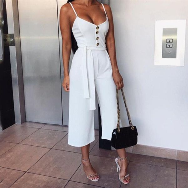 

v-neck sleeveless jumpsuit summer bow lace up button women romper ladies spaghetti strap playsuit, Black;white