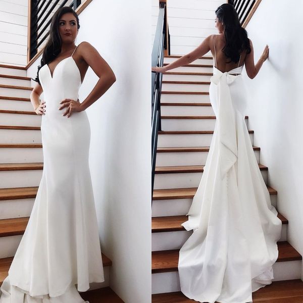 simple satin mermaid wedding dresses v neck spaghetti trap backless plus size sweep train bridal gown with bow bm1552, White
simple satin mermaid wedding dresses v neck spaghetti trap backless plus size sweep train bridal gown with bow bm1552, White
