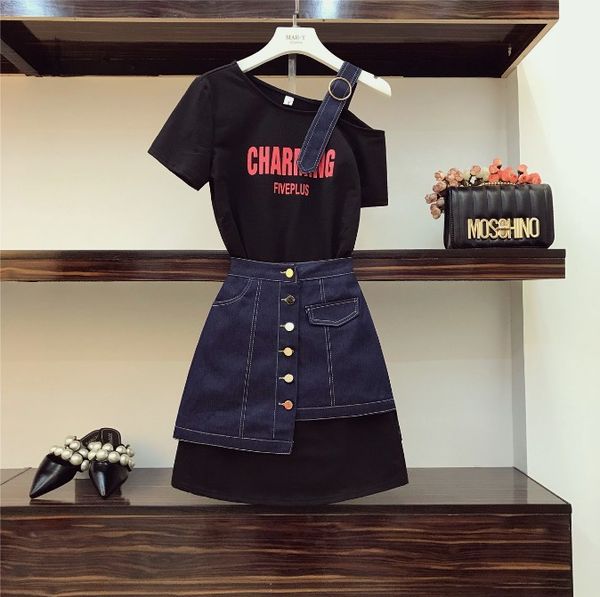 2019 new fashion summer women strapless shoulder letter long t shirt + high waist denim skirt two piece student girls skirt set, White
2019 new fashion summer women strapless shoulder letter long t shirt + high waist denim skirt two piece student girls skirt set, White
