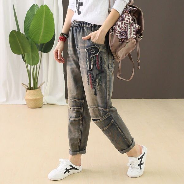 fall spring ladies jeans retro elastic waist lace up cotton pants new stars embroidery scratched casual denim trousers, Blue
fall spring ladies jeans retro elastic waist lace up cotton pants new stars embroidery scratched casual denim trousers, Blue