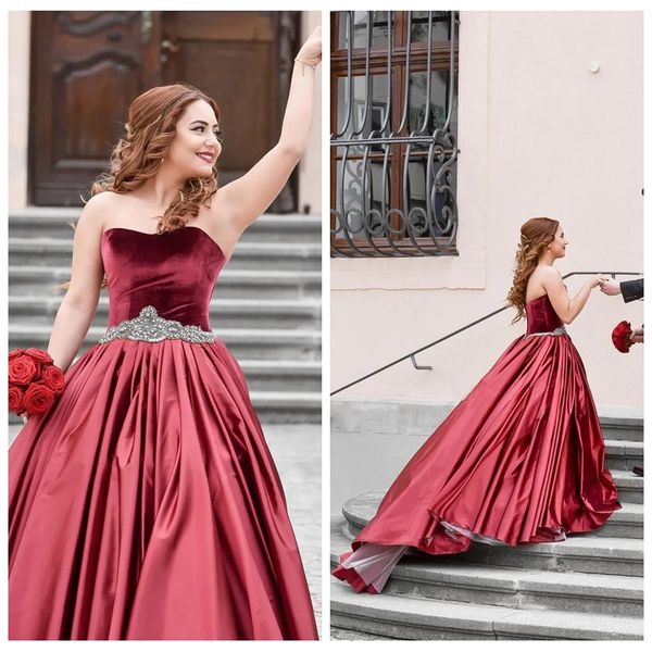 charming strapless ball gown wedding dresses crystal decorated belt red wedding dresses with sweep train sleeveless vestidos de novia, White
charming strapless ball gown wedding dresses crystal decorated belt red wedding dresses with sweep train sleeveless vestidos de novia, White