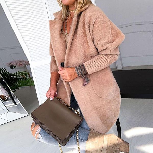 women turn down collar solid warm coats shaggy long sleeve button female coat 2020 spring autumn fashion ladies clothing, Black 
women turn down collar solid warm coats shaggy long sleeve button female coat 2020 spring autumn fashion ladies clothing, Black