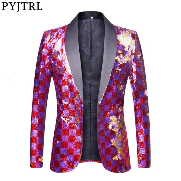 pyjtrl new men double-sided colorful plaid purple red gold pink sequins blazer design dj singer suit jacket fashion outfit, White;black
pyjtrl new men double-sided colorful plaid purple red gold pink sequins blazer design dj singer suit jacket fashion outfit, White;black