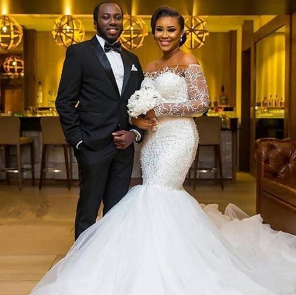 2020 luxury african plus size mermaid wedding dresses off shoulder lace appliques tulle beads long sleeves sweep train custom bridal gowns, White
2020 luxury african plus size mermaid wedding dresses off shoulder lace appliques tulle beads long sleeves sweep train custom bridal gowns, White