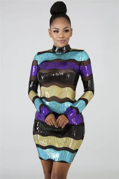 Designer Sequins Womens Bodycon Dress Colorful Striped With Gauze Perspective Panelled Sexy Dress Long Sleeve Clothes
Designer Sequins Womens Bodycon Dress Colorful Striped With Gauze Perspective Panelled Sexy Dress Long Sleeve Clothes