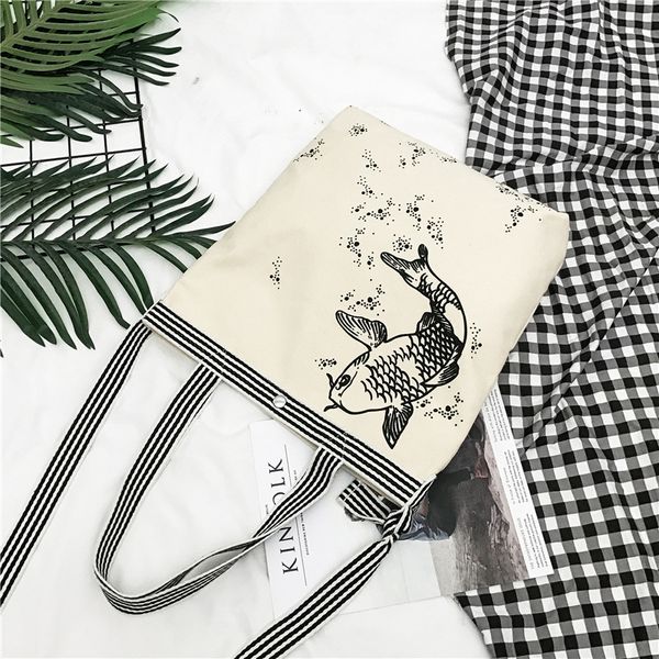 one-shoulder diagonal cross 100 hand canvas bag with cute fish pattern