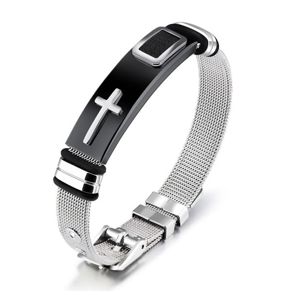adjustable fashion accessories for individual ornaments of titanium steel boy's bracelet with gold cross between steel mesh band, Black
adjustable fashion accessories for individual ornaments of titanium steel boy's bracelet with gold cross between steel mesh band, Black
