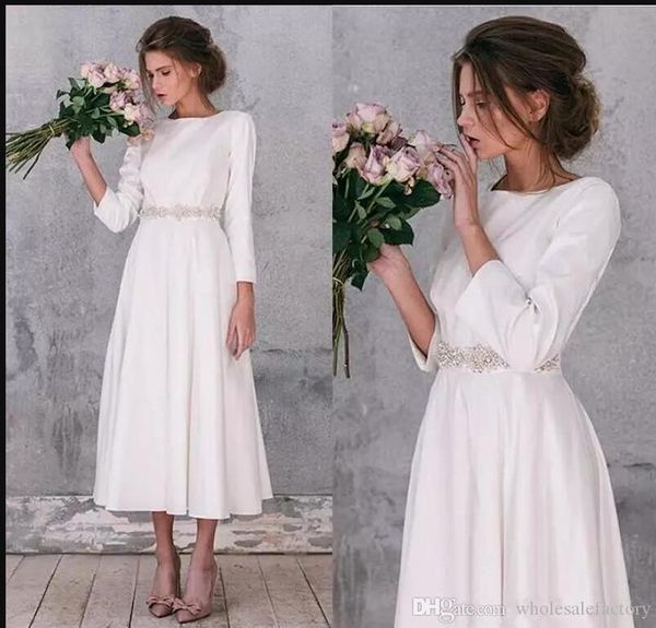 vintage long sleeves satin a line short wedding dresses beaded waist band tea length counrty wedding bridal gowns, White
vintage long sleeves satin a line short wedding dresses beaded waist band tea length counrty wedding bridal gowns, White